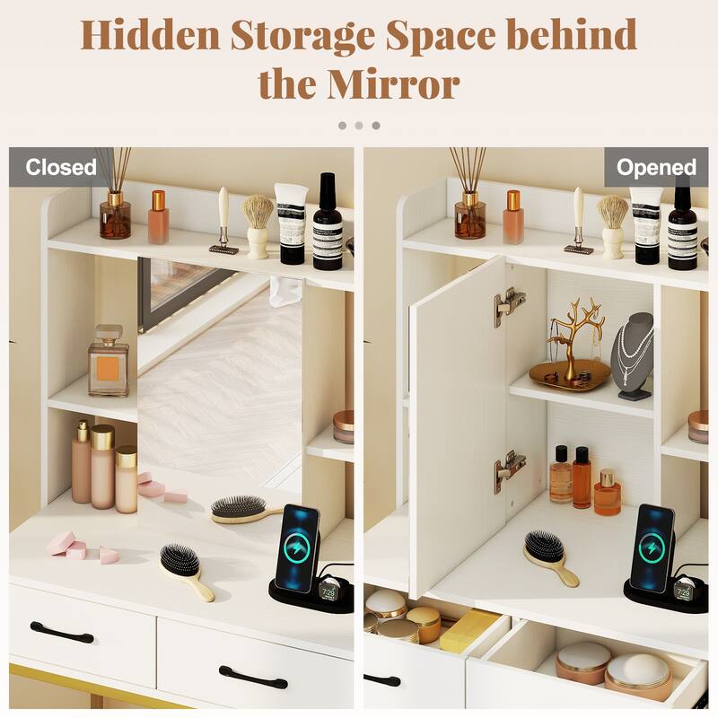 Gymax Vanity Desk w/Power OutletsMirror Cabinet Shelves Storage