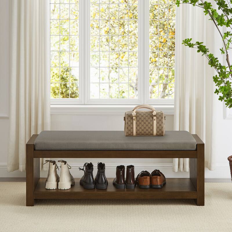 47" Accent Bench with Lower Shelf Shoe Rack Modern Compact Bed End Bench with Storage for Bedroom Seating, Removable Cushion