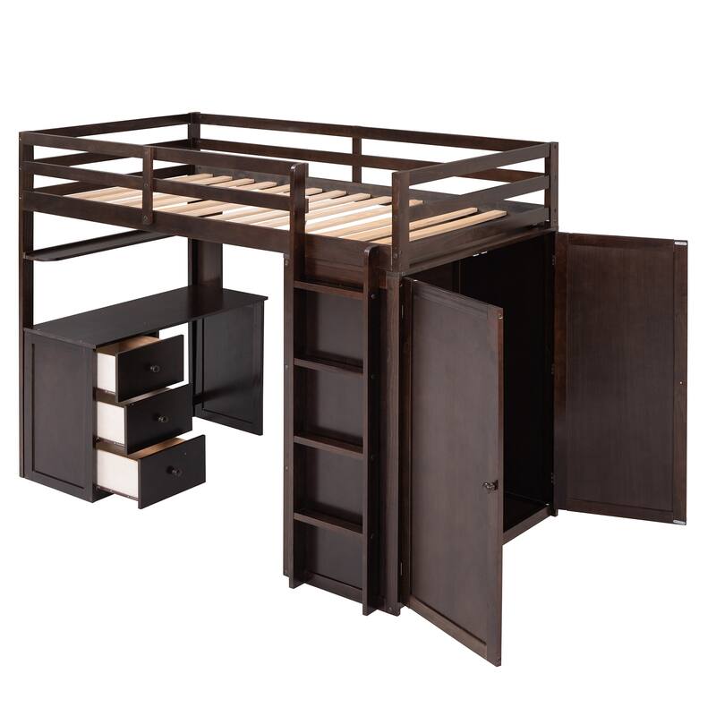 Kids Loft Bed with Storage, Desk, and Wardrobe, Twin/Full Size, Sturdy Pine and MDF Construction