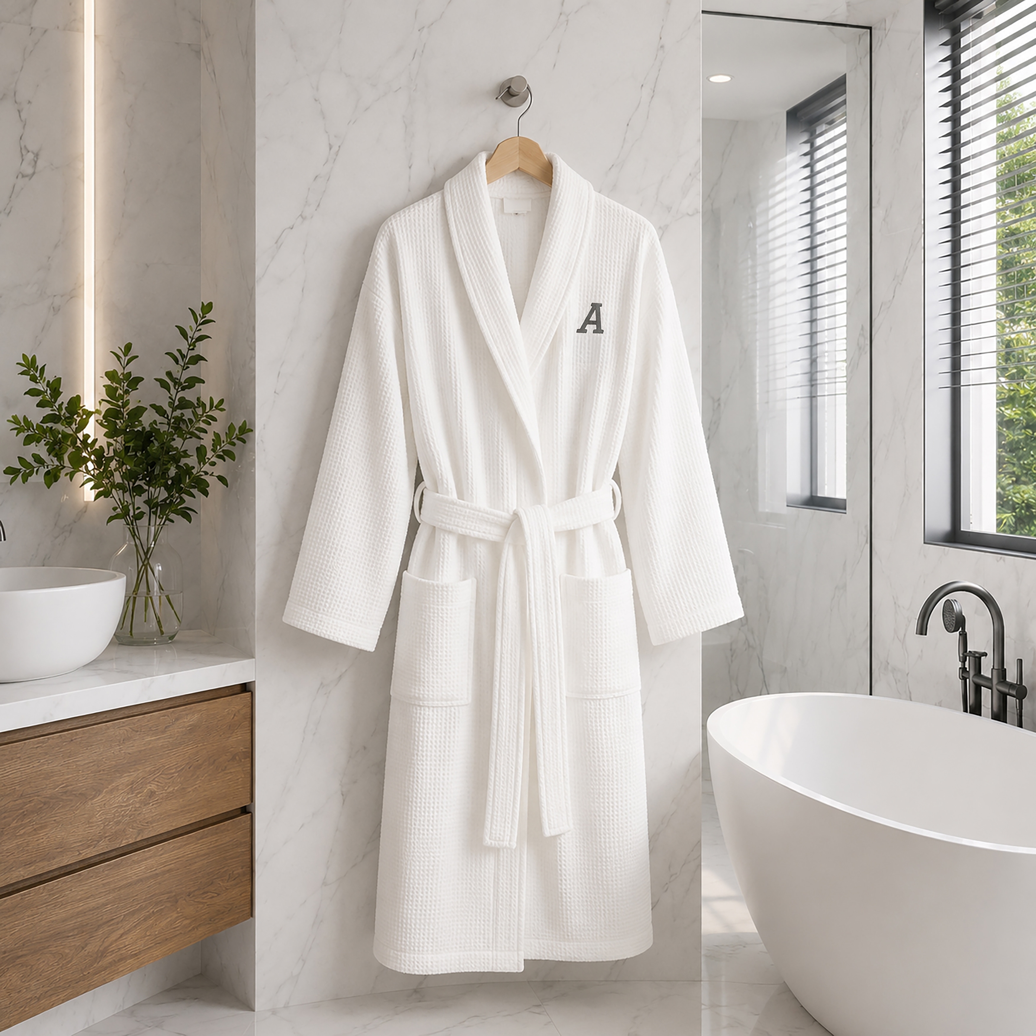 Authentic Hotel and Spa Monogrammed Turkish Cotton Unisex Waffle Weave Bath Robe