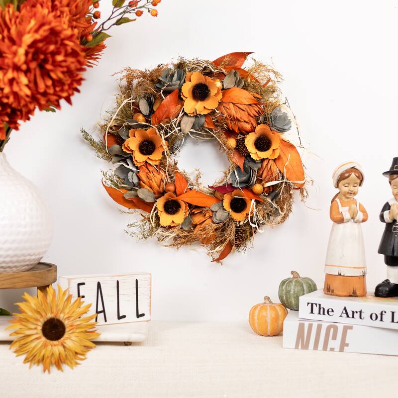 Sunflower and Wheat Artificial Fall Harvest Wreath - 12" - Unlit
