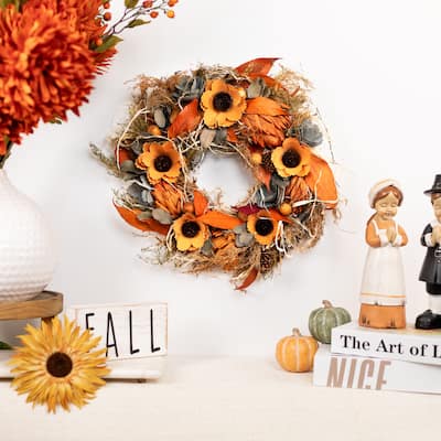 Sunflower and Wheat Artificial Fall Harvest Wreath - 12" - Unlit