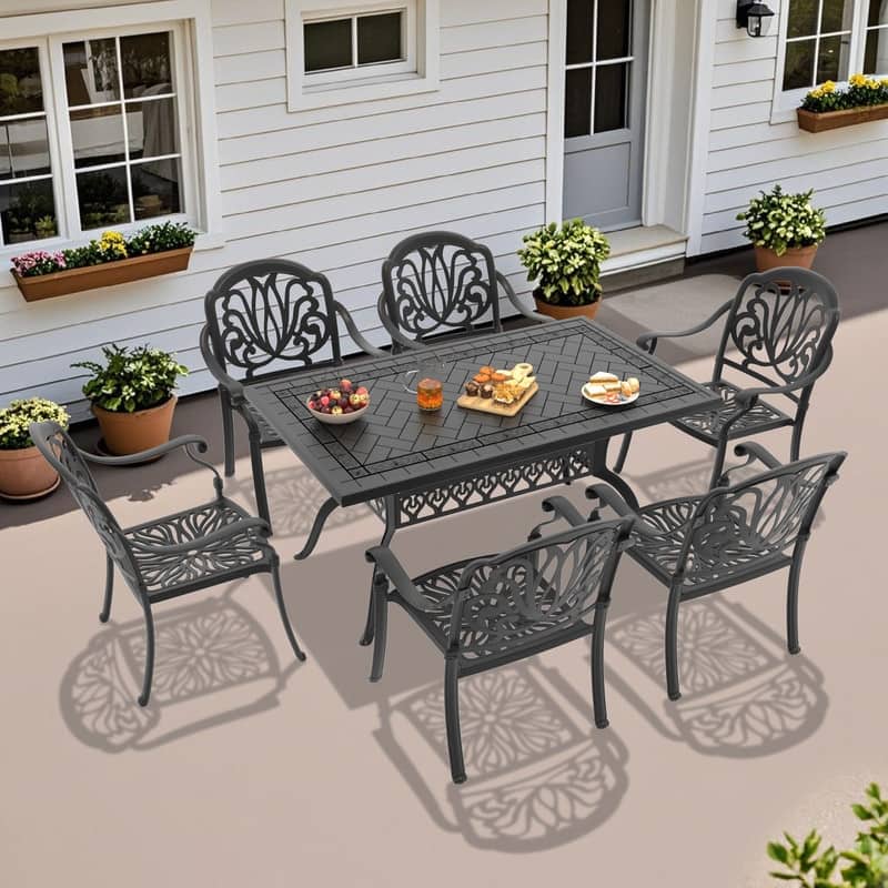 5/7-Piece Cast Aluminum Outdoor Dining Set with 59.06'' L X 35.43'' W Rectangular Table and Seat Cushions