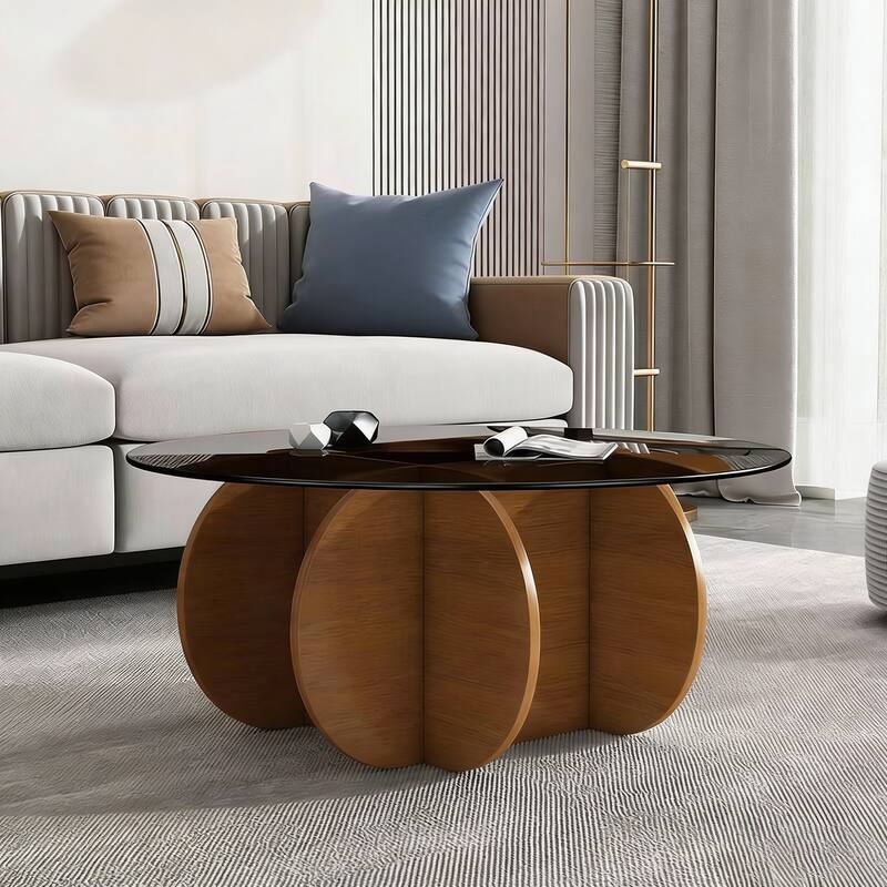 Modern Round Coffee Table for Living Room, Mid Century Center Table with Tempered Glass Top and Wood, Walnut