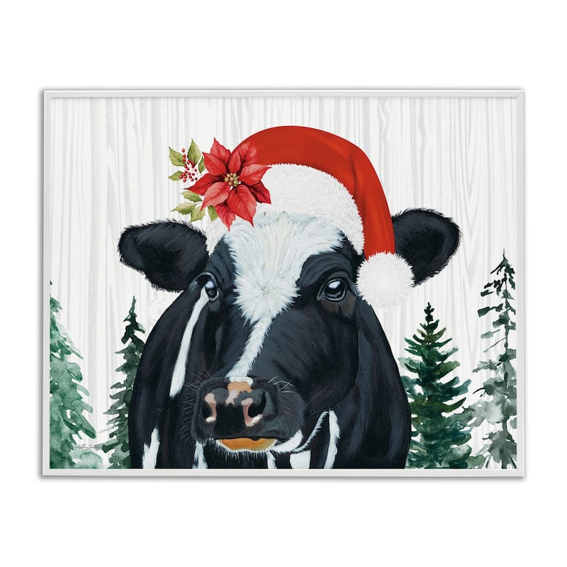 Stupell Christmas Hat Cow Portrait Framed Giclee Art Design By Ashley Justice - 20 x 16 - White