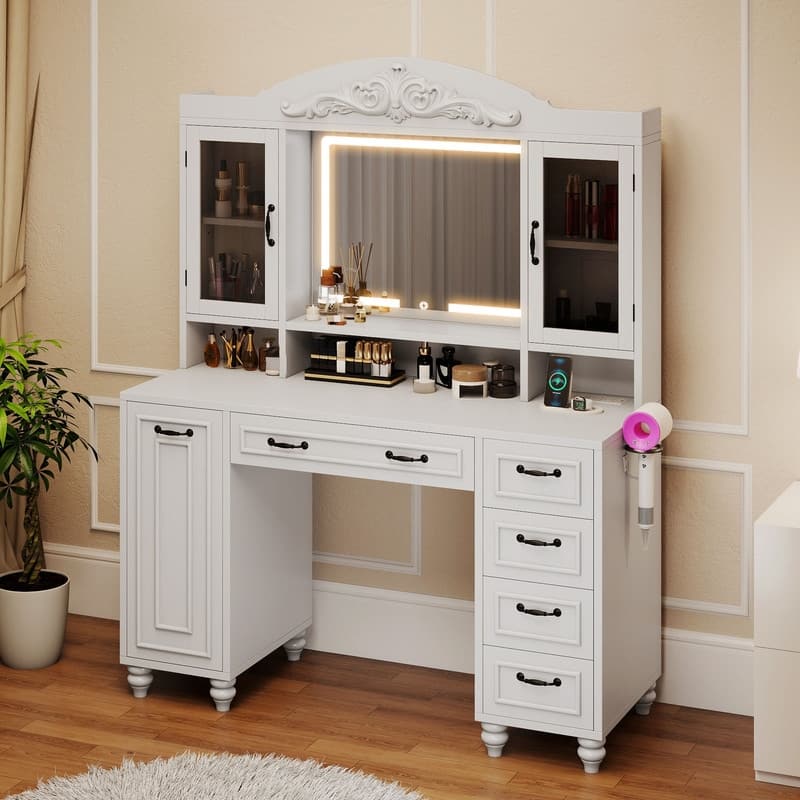 Moasis Modern 5-Drawer Makeup Vanity Table With Exquisite Carved and Built-in Charging Station