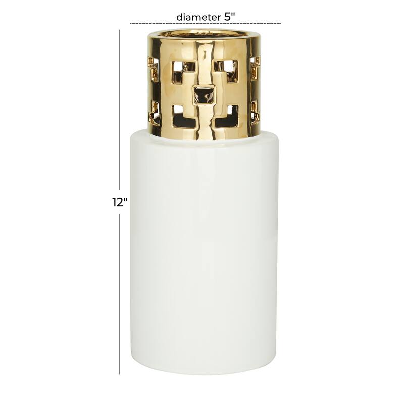 CosmoLiving by Cosmopolitan White Ceramic Decorative Vase with Gold Cut Out Accents