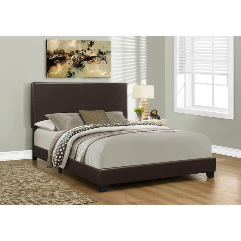 Brown White Faux Leather Queen Bed with Wood Frame and Upholstered Headboard