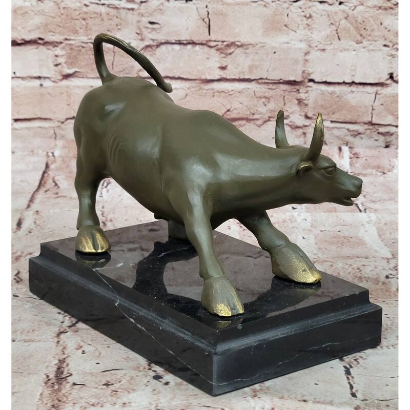 Aggressive Imitative Bull Bronze Sculpture On Marble Stand Signed Imitative Fisher