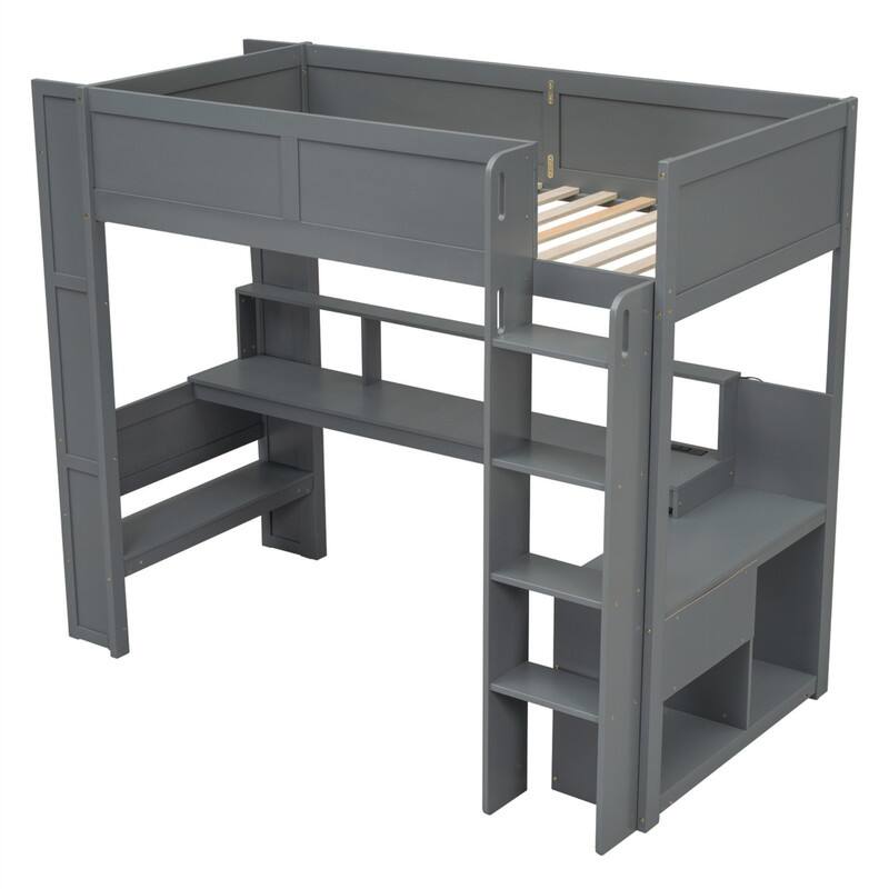 Wood Twin/Full Size Gaming Loft Bed with Bulit-in Desk and Multi-storage Shelves, Kids Loft Bedframe with LED & Charging Station