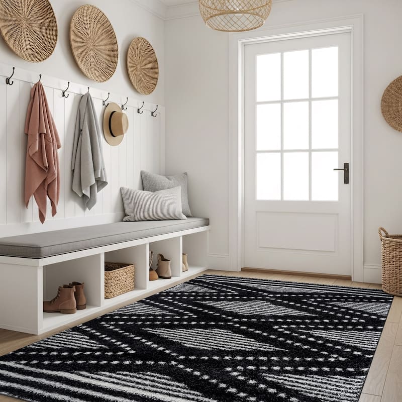 Geometric Shag Area Rug - Durable for Living Room, Bedroom - Polyester with Jute Backing - Anthracite Dark Gray and White - 4' x 6'