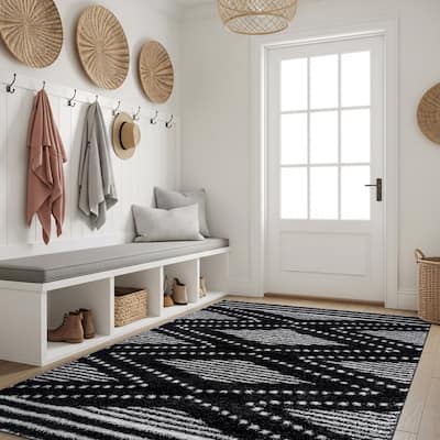 Geometric Shag Area Rug - Durable for Living Room, Bedroom - Polyester with Jute Backing - Anthracite Dark Gray and White