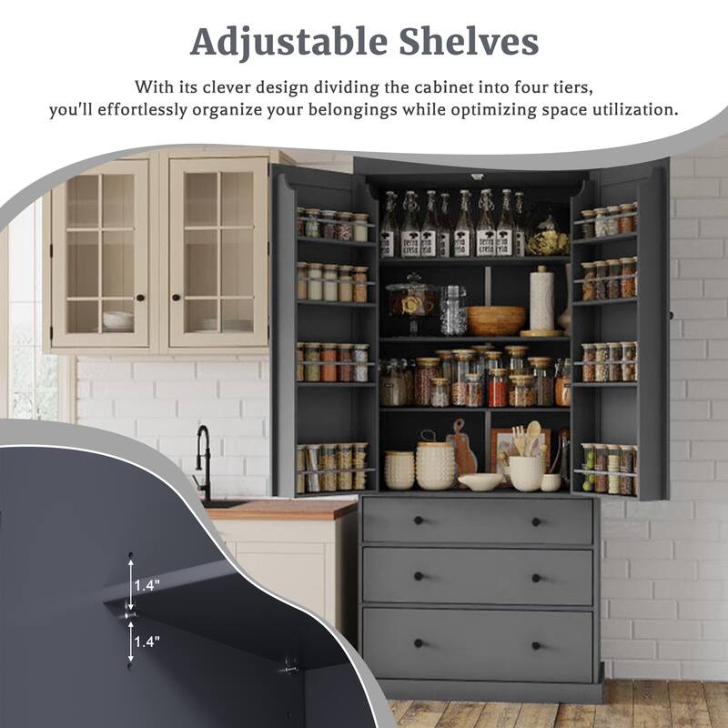 Kitchen Pantry Cabinet with 8 Doors Shelves, Wood Storage Cabinet with 3 Storage Drawers, Cupboard with Adjustable Shelves