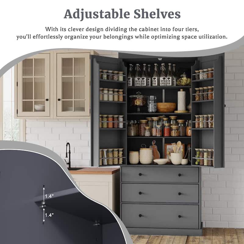 Kitchen Pantry Tall Storage Cabinet w/ Adjustable Shelves & 3 Drawers - Gray