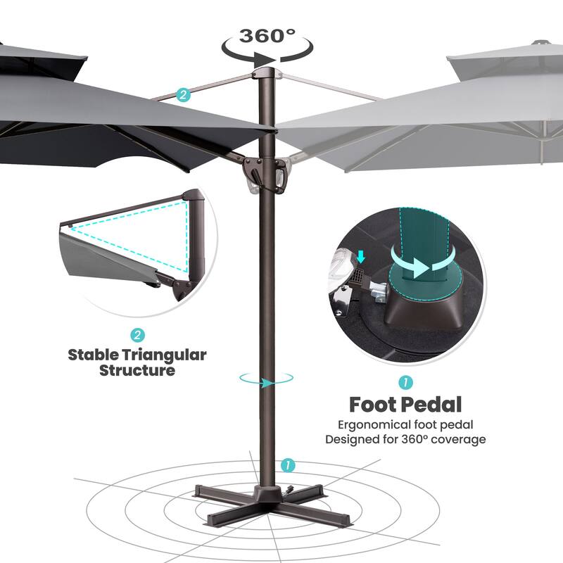 9 x 12 ft Double Top Patio Cantilever Umbrella with No Base, 360-degree Rotation