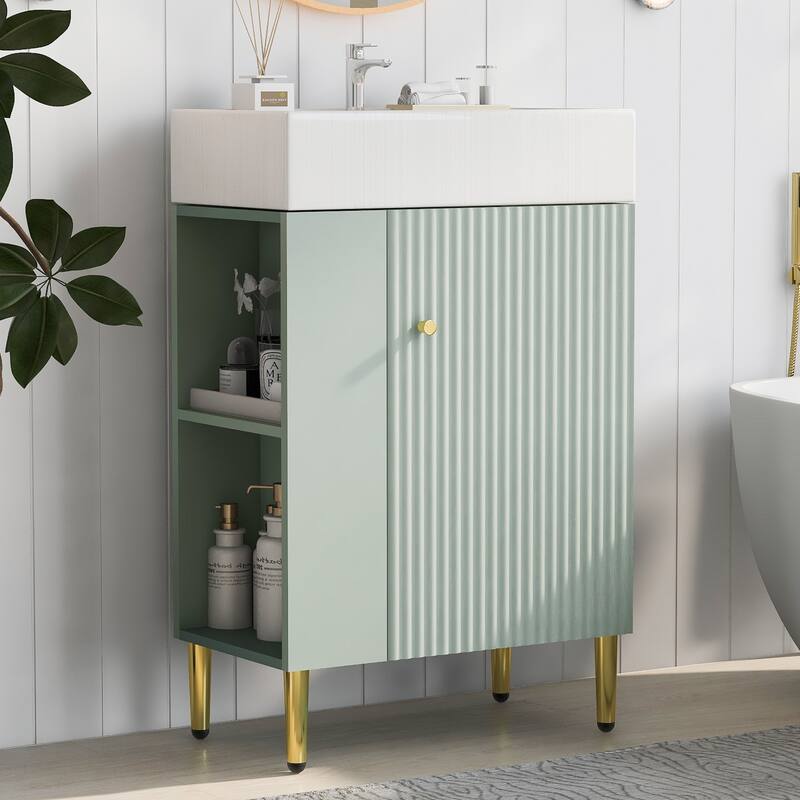 GDFStudio - Aria Modern Bathroom Vanity Combo Cabinet with Single Ceramic Sink - 21.6" Freestanding+Left side storage - Green