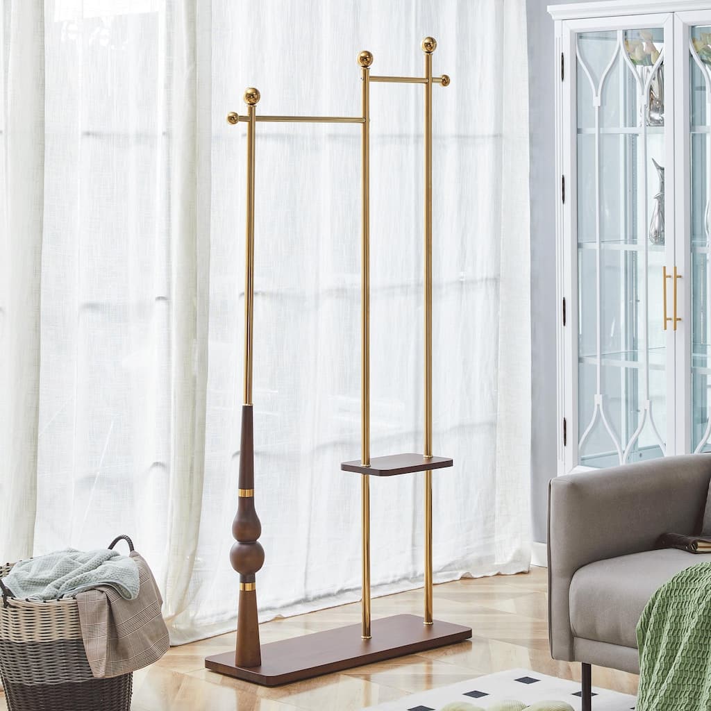 Industrial Coat Rack, Solid Wood and Stainless Steel Heavy Duty Clothing Stand with 2 Layer Storage