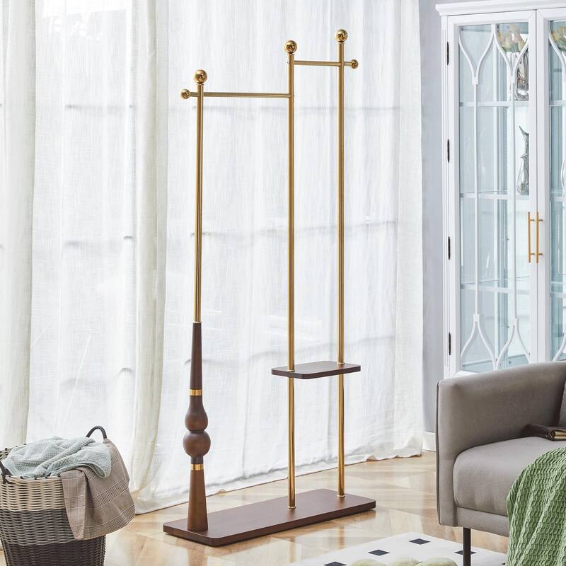 Industrial Coat Rack, Solid Wood and Stainless Steel Heavy Duty Clothing Stand with 2 Layer Storage - Beige