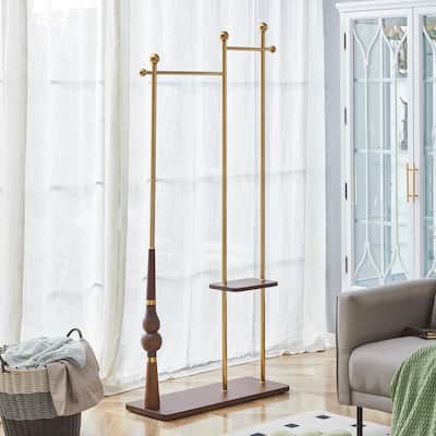Roomfitters Double-Layer Coat Rack with Antique Wood Veneer and Metal Stand, 70"H x 34.6"W, Multi-Functional Storage