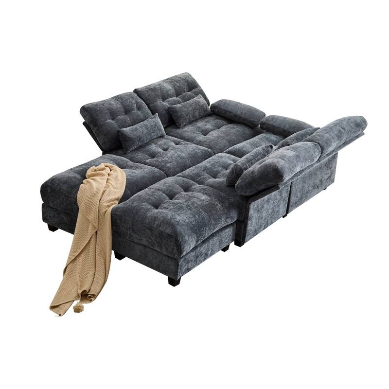 119" Chenille Sectional Sofa with 2 Ottomans and 4 Pillows, Adjustable Backrests