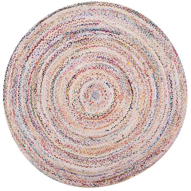 SAFAVIEH Georgine Handmade Braided Bohemian Cotton Rug - 5' x 5' Round - Ivory/Multi