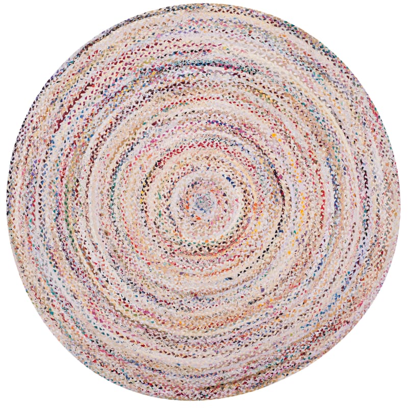 SAFAVIEH Georgine Handmade Nanny Braided Bohemian Cotton Rug - 4' Round - Ivory/Multi