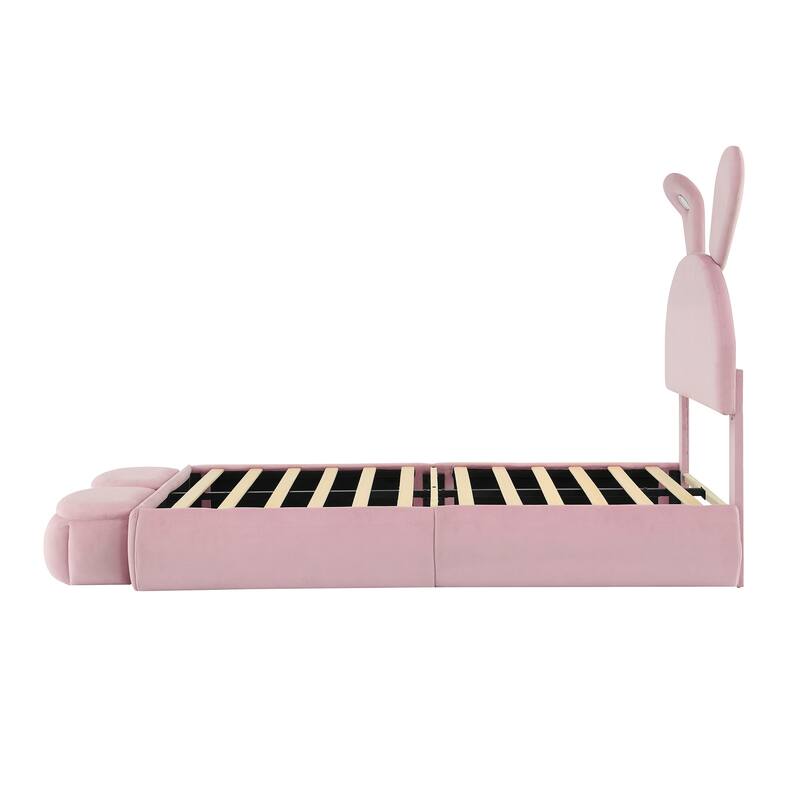 Twin Size Upholstered Platform Bed with Cartoon Ears Headboard and LED Light, Pink