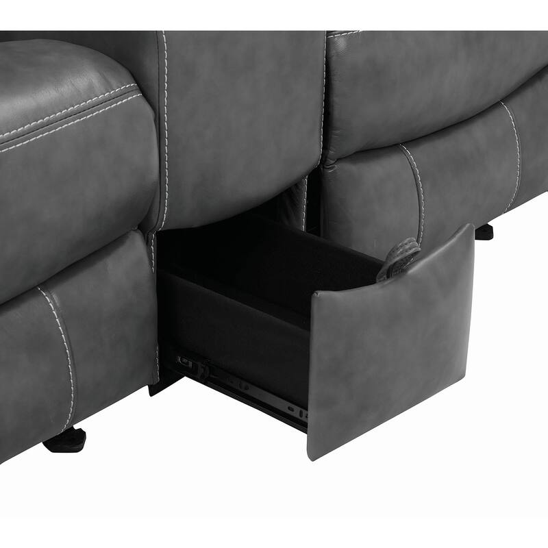 Upholstered Motion Loveseat with Storage Drawer in Grey