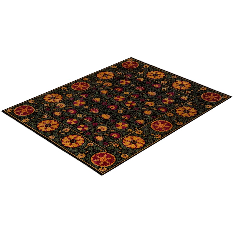 Overton Hand Knotted Wool Vintage Inspired Modern Contemporary Suzani Black Area Rug - 8' 2" x 10' 5"