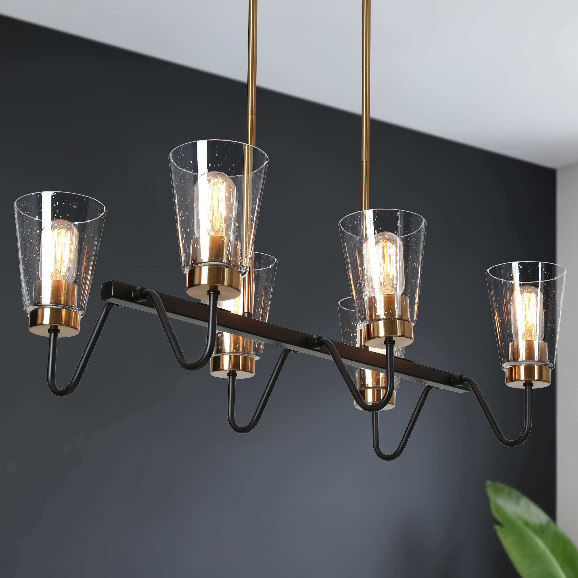 Modern Farmhouse 6-Light Black Gold Linear Chandelier Cone Glass Kitchen Island Pendant Lights - 27.5"L