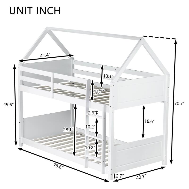 Twin Over Twin House Floor Bunk Bed with Headboards, Footboards, Guardrails, and Ladder, White