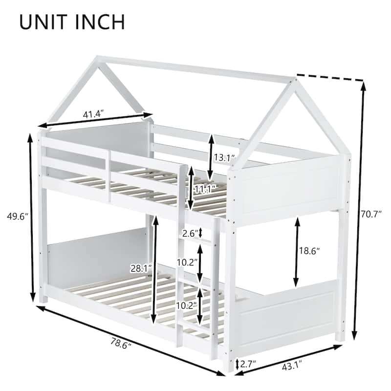 Twin over Twin House Bunk Bed with Roof Frame, Guardrails, Ladder and Headboards, Rubber Wood Kids Floor Bed