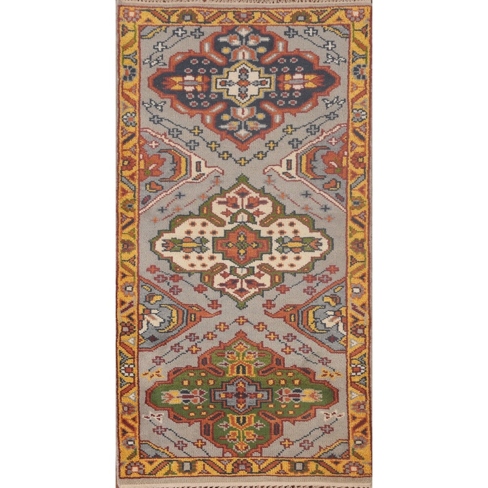 Gray Geometric Kazak Accent Rug Hand-Knotted Wool Carpet - 2'8"x 5'8"