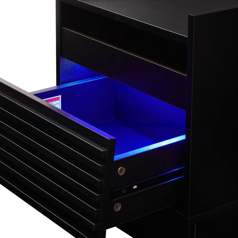 Mid-Century Modern 2-Drawer Nightstand with Charging Station & LED Lights - Bedside/End Table (Black)