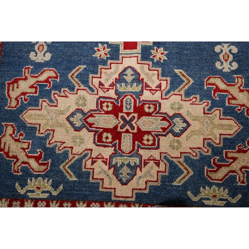 Blue Geometric Kazak Area Rug Hand-Knotted Geometric Wool Carpet - 5'0" x 6'8"