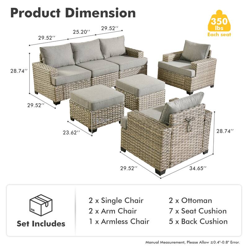 XIZZI 7 Pieces Patio Furniture Wide Armrest Conversation Sofa Set with Ottomans