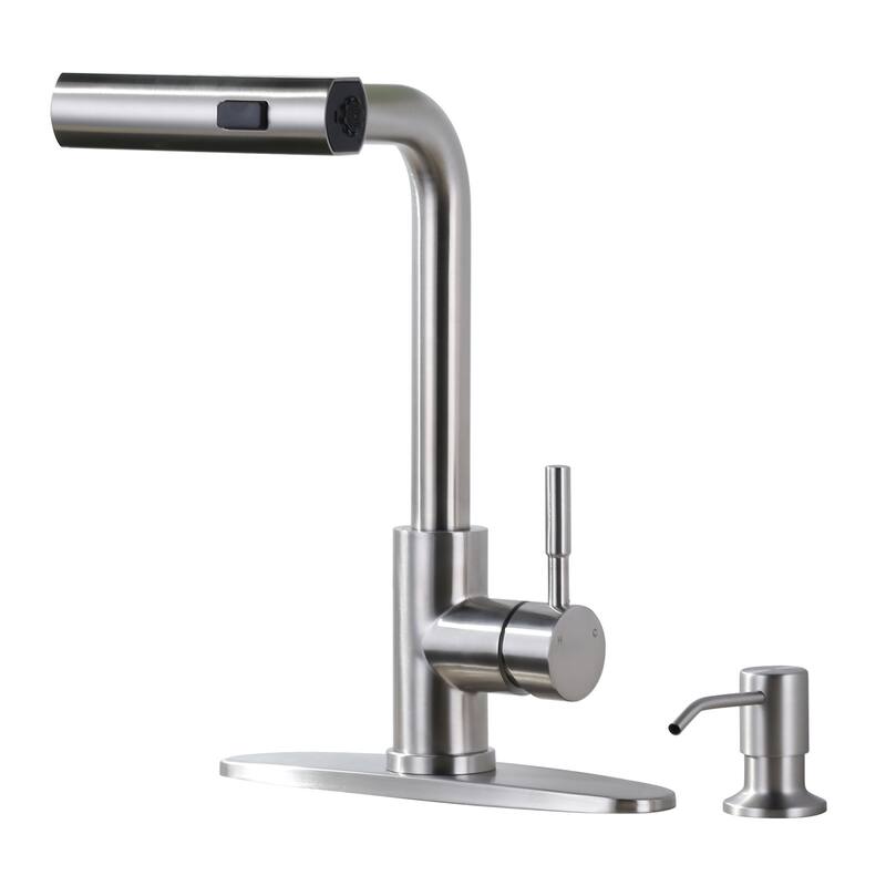 WOWOW Single Handle Waterfall Pull Down Sprayer Kitchen Faucet - With Soap Dispenser - Brushed Nickel