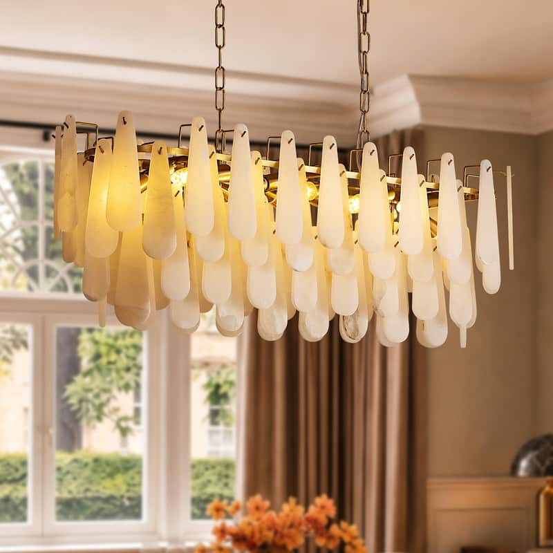 40 in. Alabaster Chandelier 10-Light Brass Gold Rectangle Pendant Light Modern Chandelier for Dining Room Kitchen Island