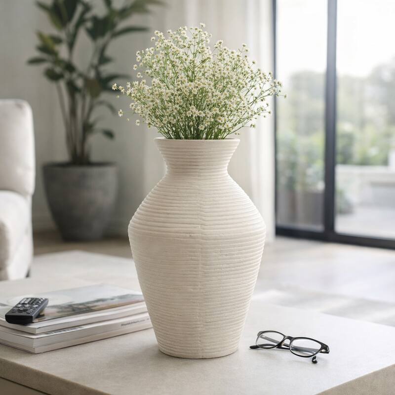 Sculptural Ribbed Paper Mache Table Vase - Stylish Tall Flower Vase