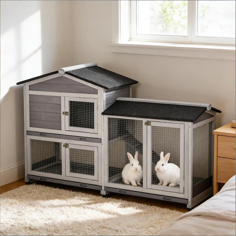 Mobile Pet Hutch,Wooden Rabbit Hutch is designed for convenient cleaning - Black,LIGHT GREY - Black,LIGHT GREY