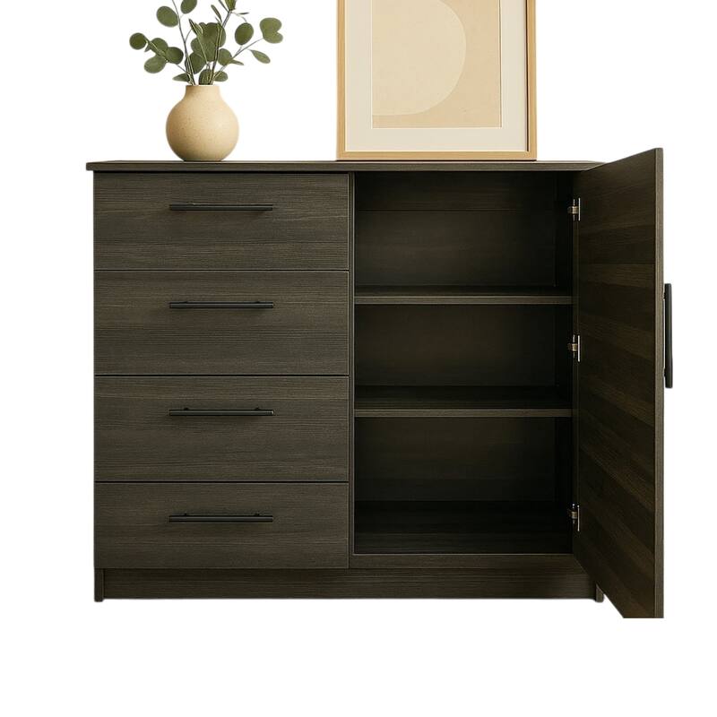 Roby Large Dresser Chest, 4 Drawers w Cabinet, 47 Inch, Dark Gray