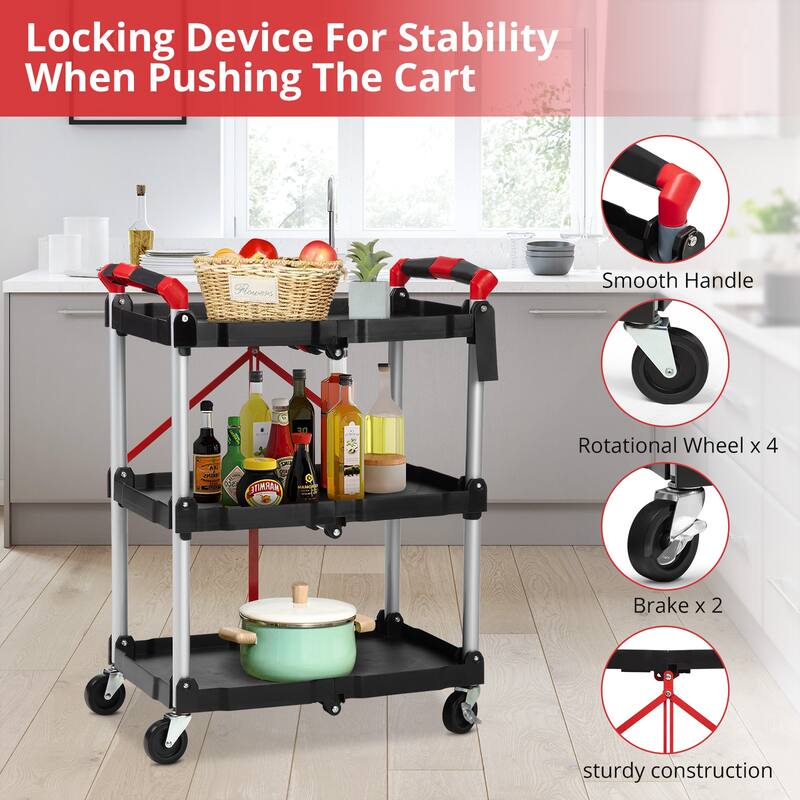 Portable Folding Service Cart, 3 Tier Folding Utility Cart