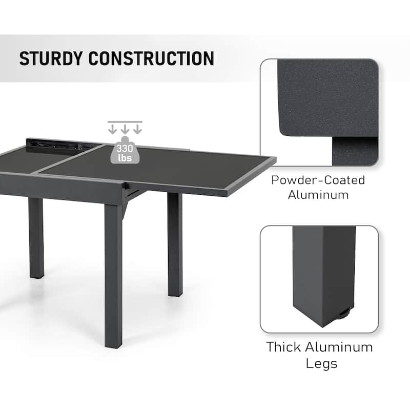 VredHom Outdoor Tempered Glass Top Aluminum Extendable Dining Table - 35.4 in W x 35.4-70.9 in L x 29.5 in H