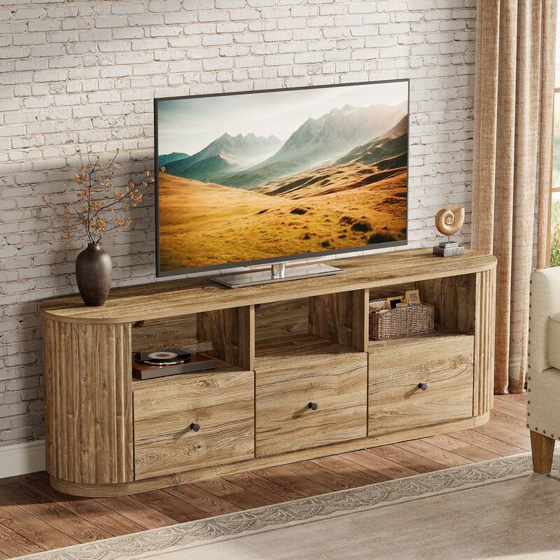 70.8" Wood TV Stand for TVs up to 80 Inch, Farmhouse Entertainment Center with 3 Drawer and Open Storage Shelves