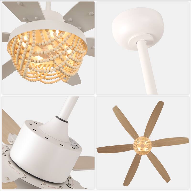 Bella Depot 65" Bohemia Large White Ceiling Fan with Light and Remote 6-Speed Modern Chandelier Fan Wood Bead Shade