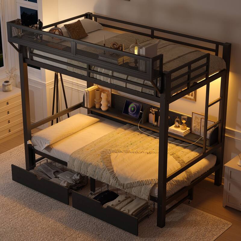 Multifunctional Twin XL over Twin XL Bunk Bed with USB Ports, LED Lights, Shelves and Drawers, Lower Bed Converted into Sofa
