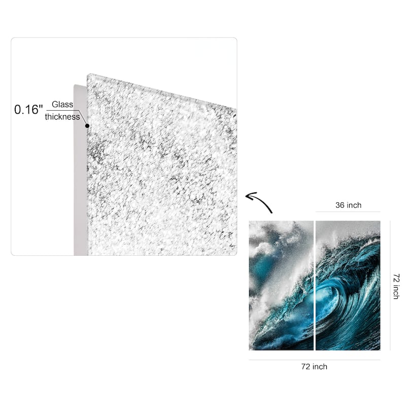 "Sapphire Sea" Oversized 72"x 36" Frameless Reverse Printed Tempered Art Glass Wall Art Set