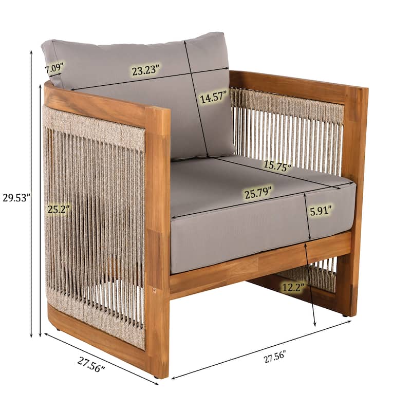 [Set of 2] Premium Acacia Wood Outdoor Club Chair, Curved Tub Design with Woven Rope Accents, Water-Resistant Cushions
