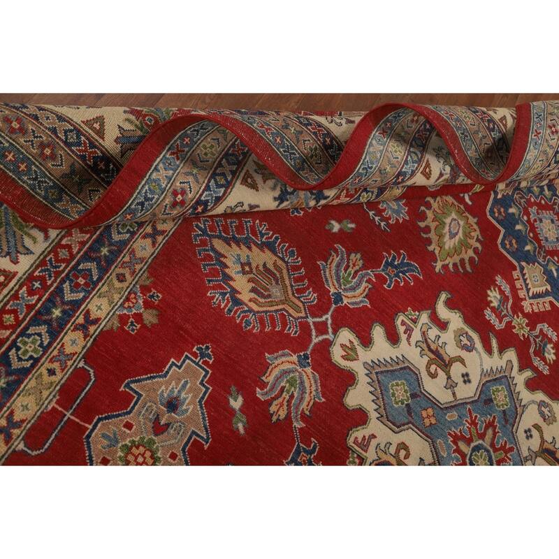 Red Geometric Kazak Oriental Large Area Rug Wool Carpet - 9'10" x 13'9"