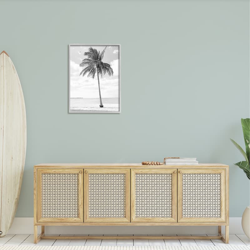 Stupell Single Palm Tree Monochrome Tropical Beach Plant Framed Wall Art, Design by Graffitee Studios - Grey